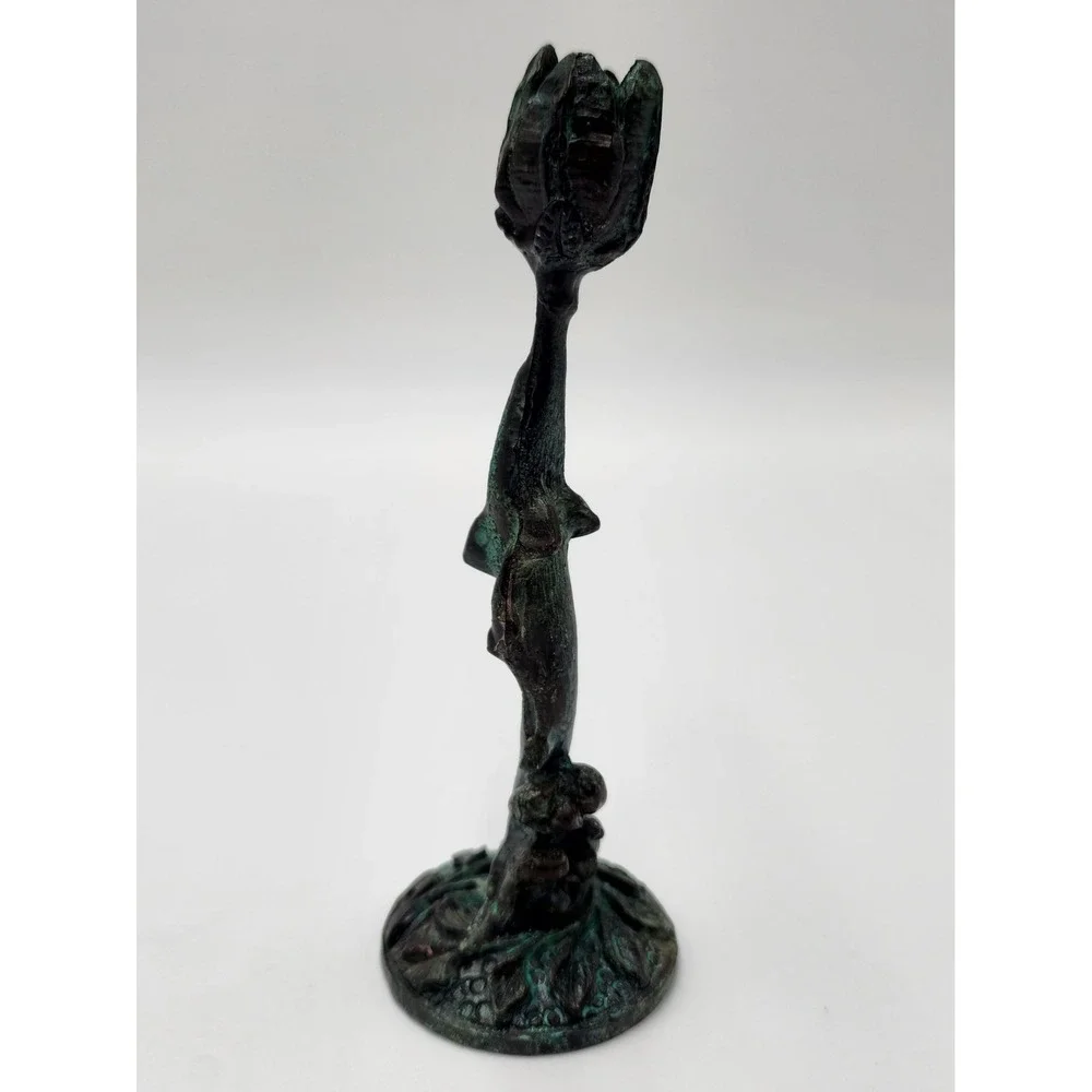 Antique‎ French Bronze Art Nouveau Candlesticks Flower Rose Motif Petina